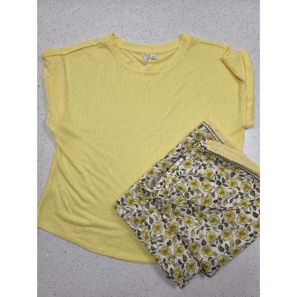 Cato Yellow roll sleeve knit crewneck w/Floral high rise cotton pant sz L  (254)